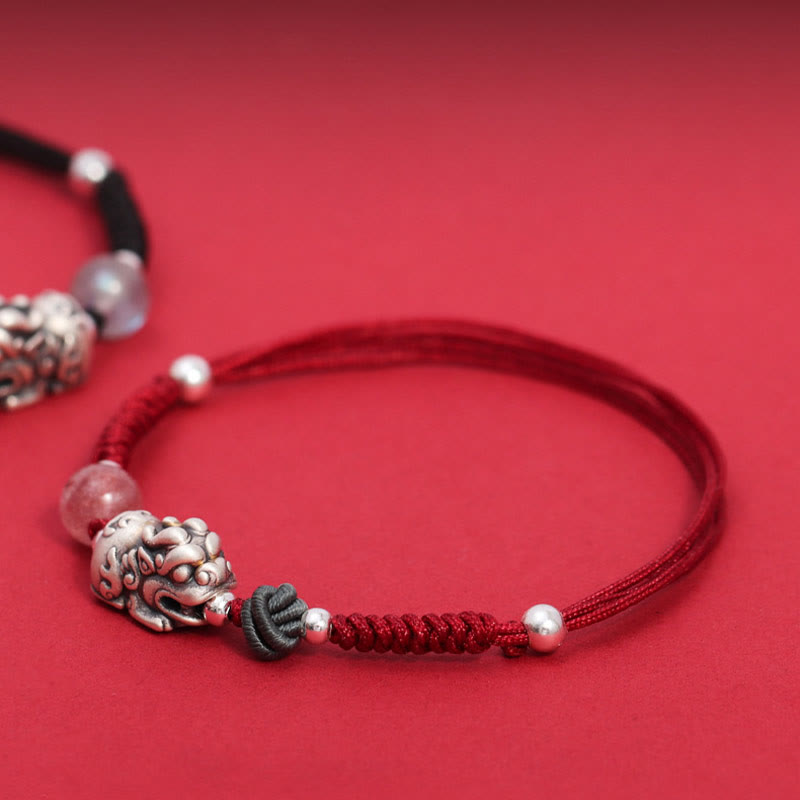 Bracelet tressé en argent sterling 999 avec perles de quartz fraise PiXiu de Buddha Stones pour la richesse et la chance