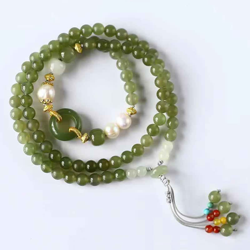 Bracelet en perles de jade Hetian et Buddha Stones avec boucle de paix, porte-bonheur et richesse