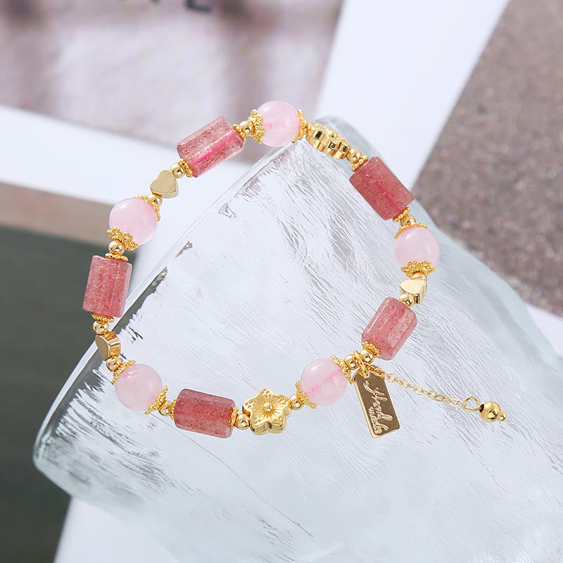 Bracelet positif en cristal rose avec quartz fraise et Buddha Stones, cœur et fleur