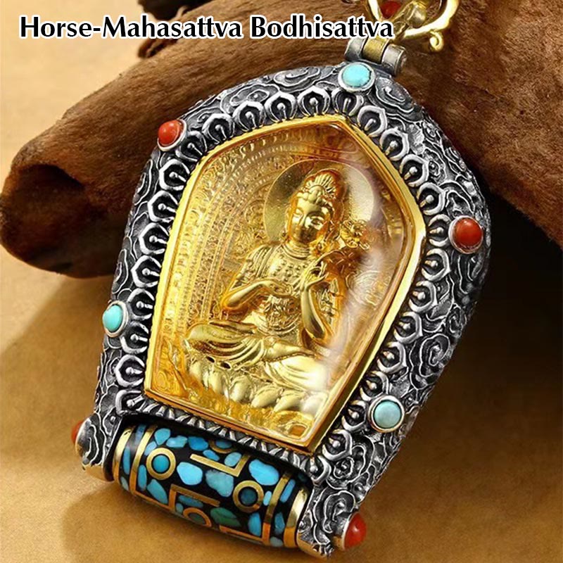 Collier avec pendentif en perles Dzi rotatives du zodiaque chinois tibétain Thangka Bouddha de la prospérité