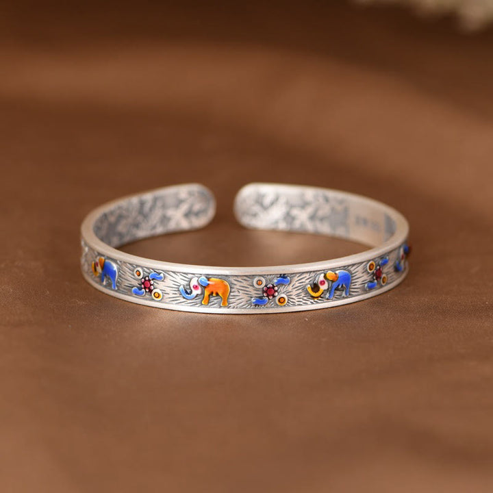 Bracelet manchette en argent sterling 999 avec Buddha Stones et éléphant