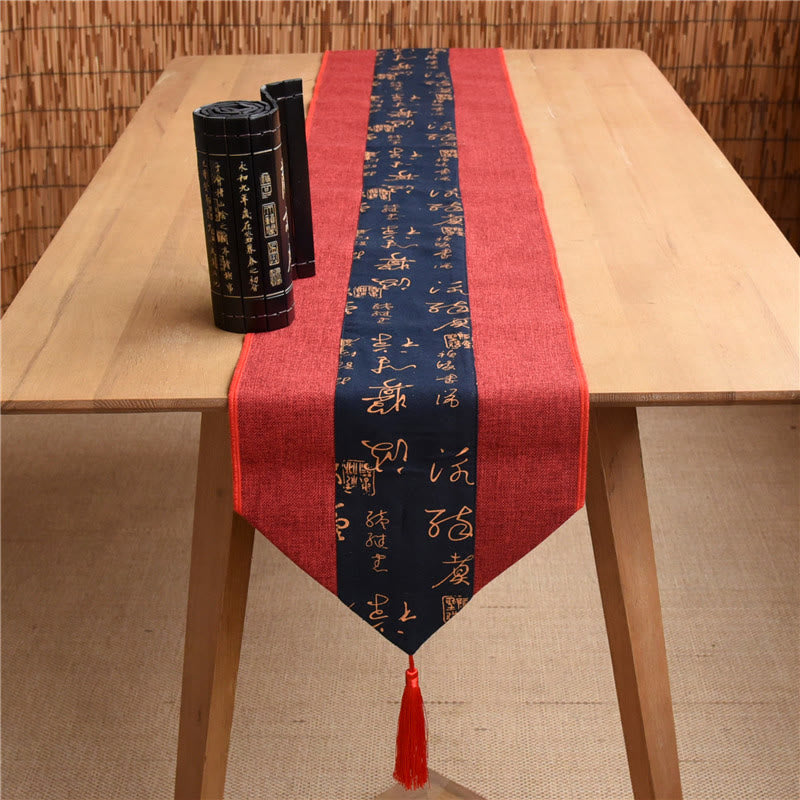 Chemin de table en coton et lin avec pompons, Buddha Stones, style chinois classique, lotus, poisson koï, fleur, grue, calligraphie, illumination