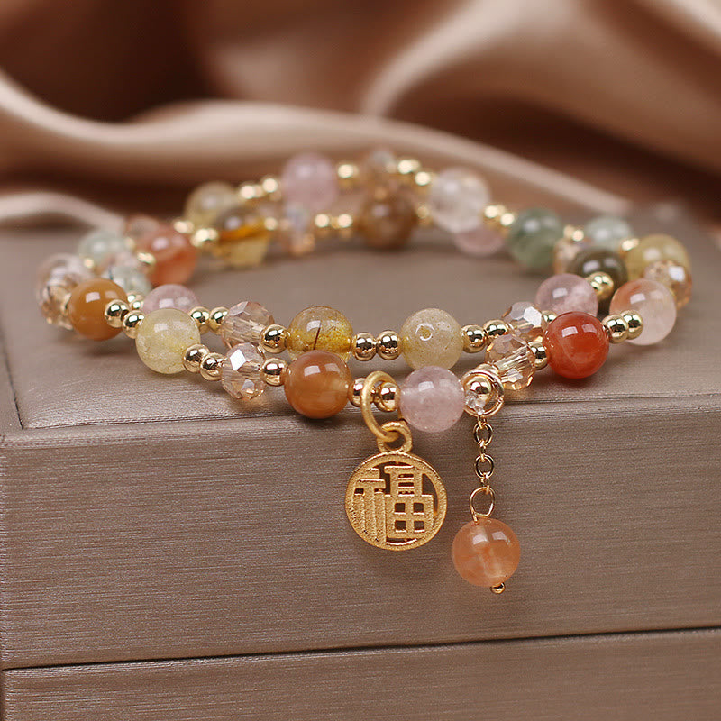 Bracelet de bon augure en quartz rutile multicolore avec Buddha Stones et caractère Fu