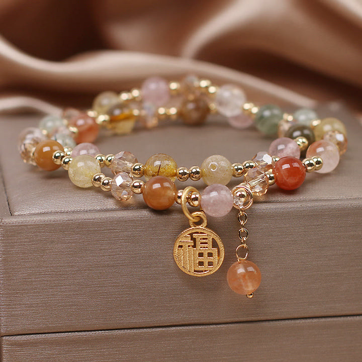 Bracelet de bon augure en quartz rutile multicolore avec Buddha Stones et caractère Fu
