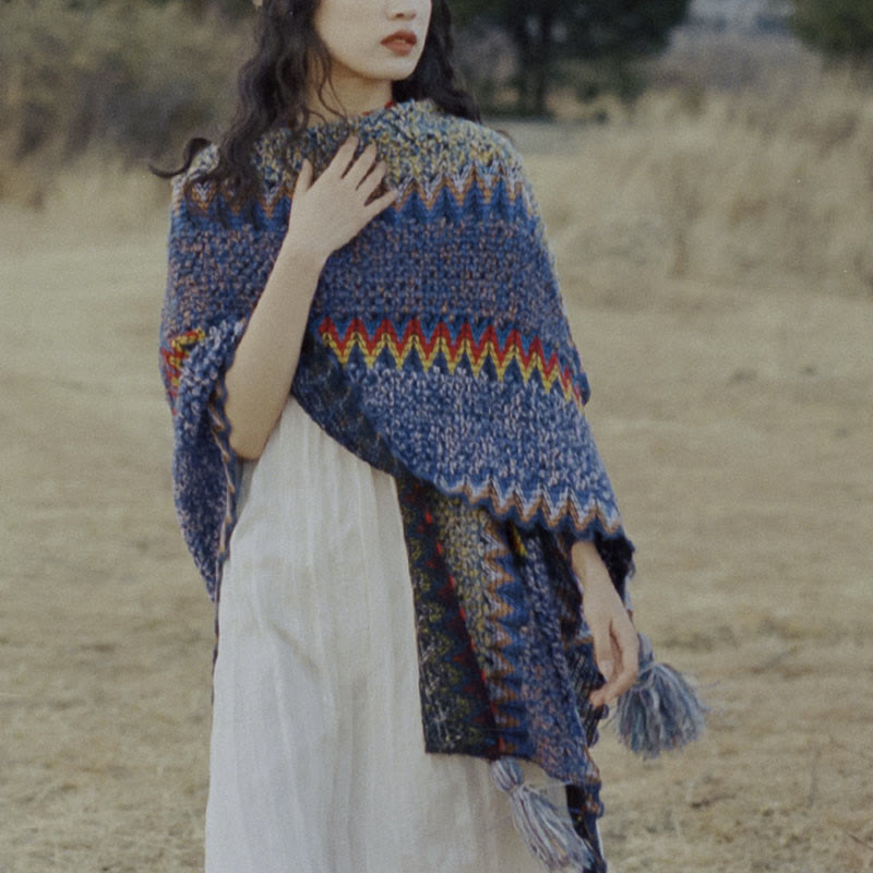 Buddha Stones, cape en tricot douce et chaude, écharpe à pompon tibétaine d'hiver - image 11