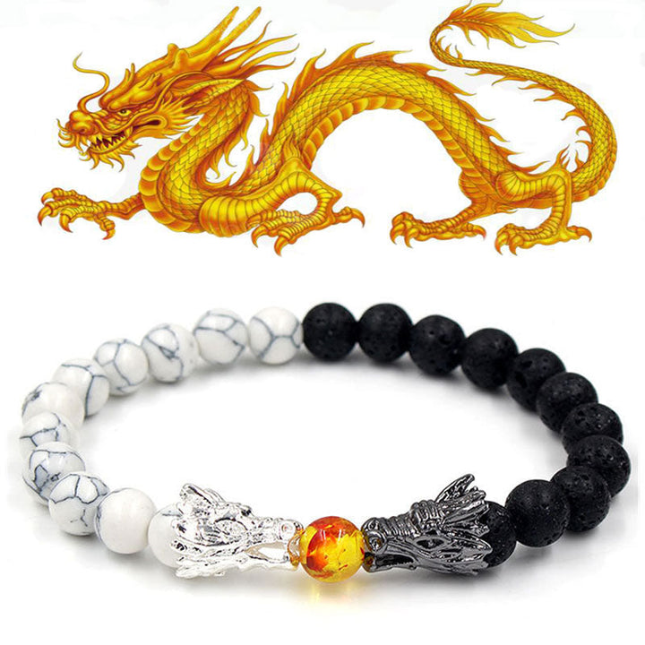 Bracelet de perles de bénédiction du dragon en pierre de lave turquoise blanche et Buddha Stones