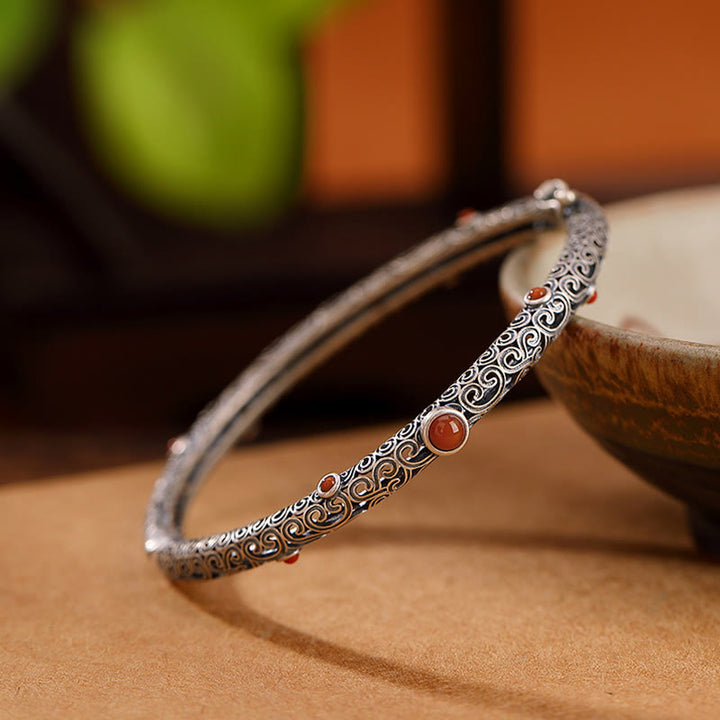 Bracelet porte-bonheur vintage en cuivre et agate rouge gravée, motif floral, dynastie Tang - image 8
