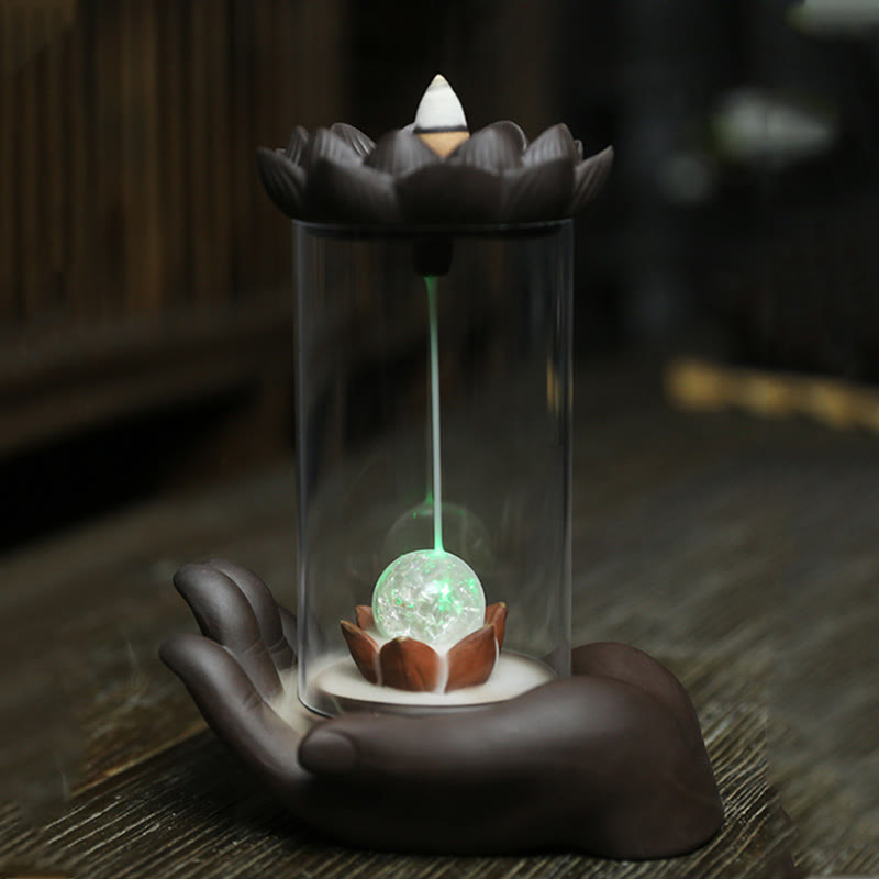 Buddha Stones Main de Bouddha Lotus Illumination Lumière LED Brûleur d'encens en céramique en argile violette Décoration