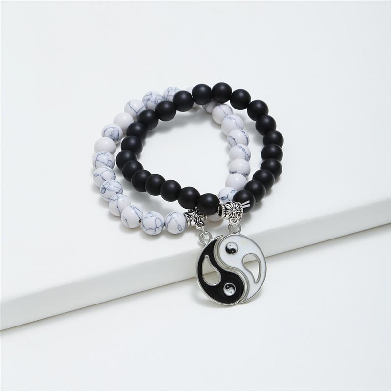 Bracelet couple Yin Yang en perles de turquoise blanche et onyx noir naturel 2 pièces Buddha Stones - image 1