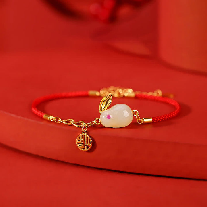 Bracelet en argent sterling 925 avec cordon rouge et jade blanc Hetian de l'année du lapin
