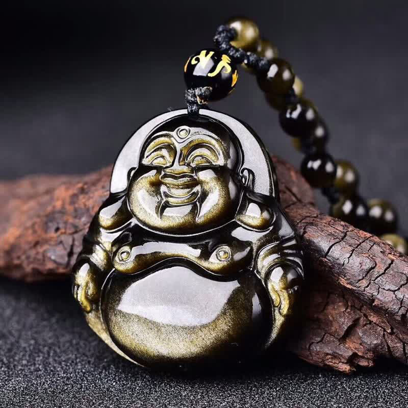 Buddha Stones Bouddha rieur Collier d'obsidienne à reflets d'or Pendentif de richesse - Perle d'obsidienne à reflets dorés - image 1