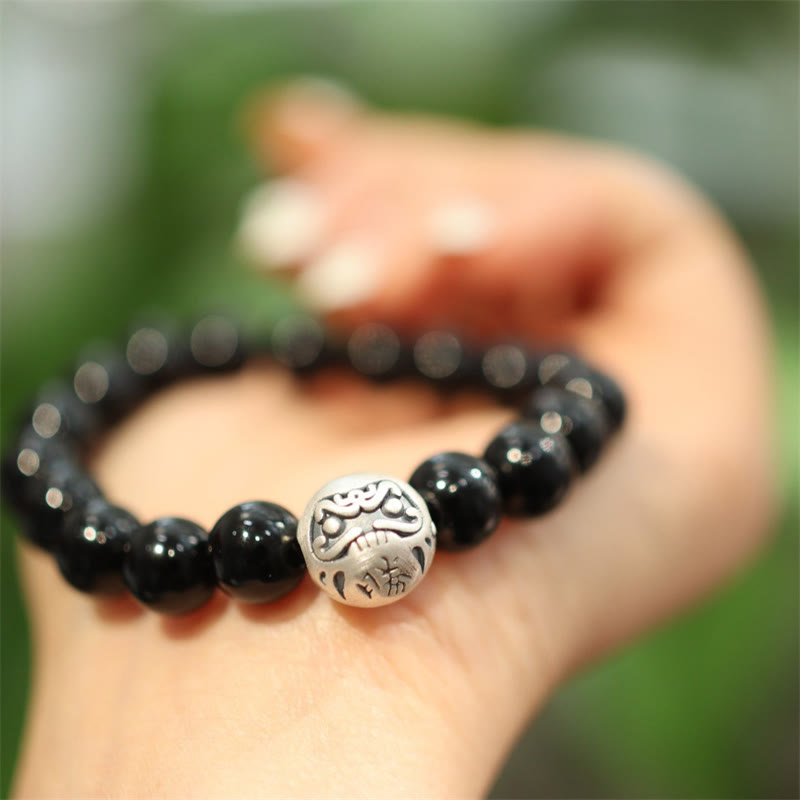 Bracelet de protection gravé en argent sterling 925 avec perles d'onyx noir et Buddha Stones