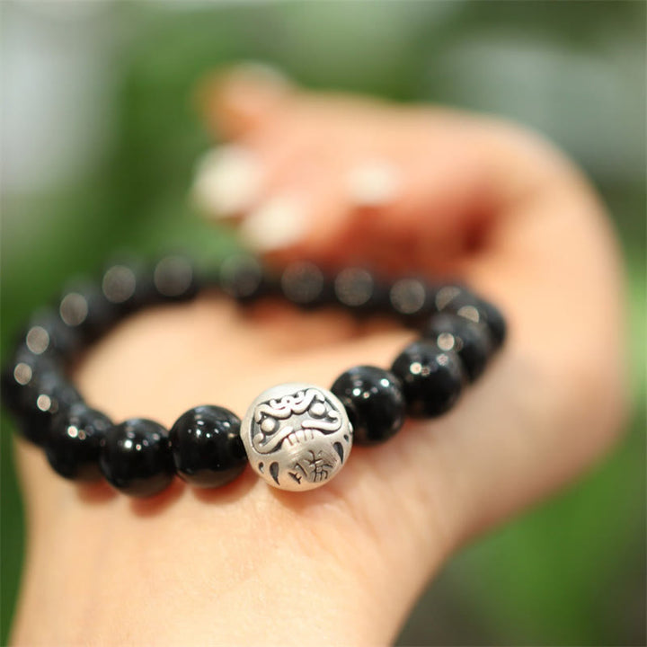 Bracelet de protection gravé en argent sterling 925 avec perles d'onyx noir et Buddha Stones
