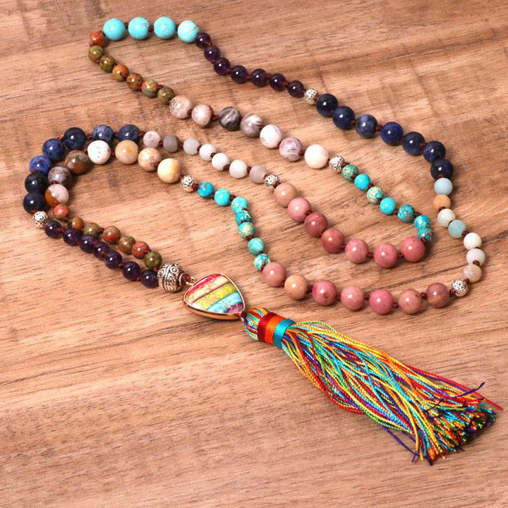 Collier d'équilibre en jaspe zèbre, turquoise, lazurite et tibétain