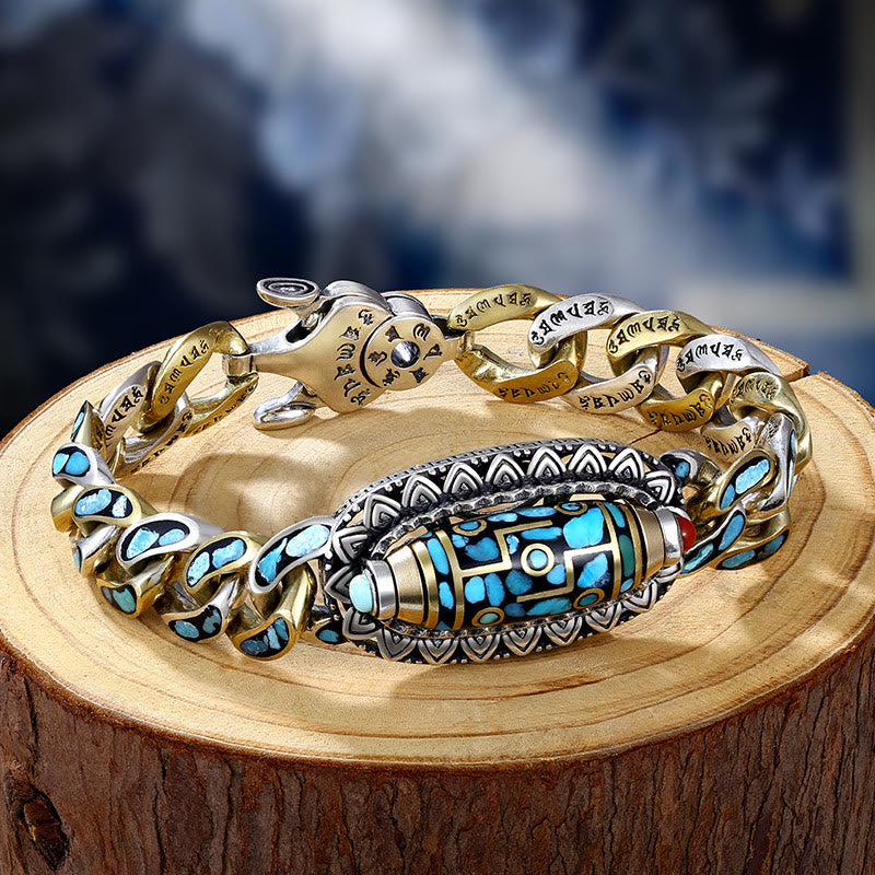 Bracelet de protection rotatif Buddha Stones à neuf yeux en perles dzi Om Mani Padme Hum Turquoise - Perle Dzi à neuf yeux (Richesse ♥ Protection) - 22 cm pour un tour de poignet de 20 cm - image 1