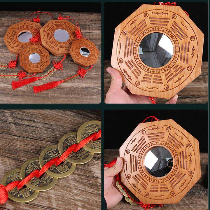 Carte Feng Shui Bagua Pièces de monnaie des cinq empereurs en bois de pêche Nœud chinois Carte énergétique d'équilibre Miroir