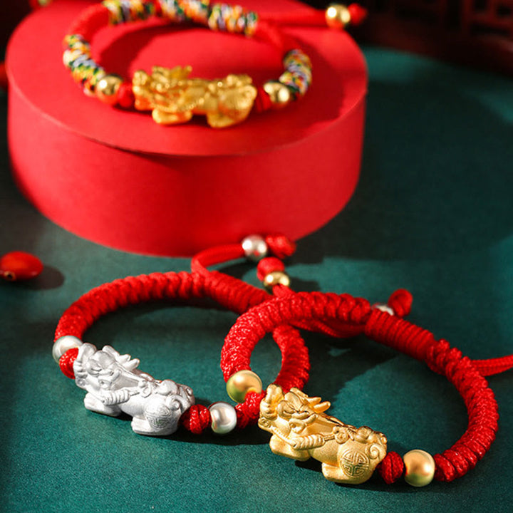 Bracelet tressé pour enfants en argent sterling 999 avec Buddha Stones et nœuds PiXiu Wealth King Kong