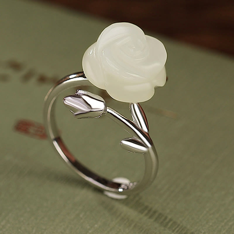 Buddha Stones 925 Argent Sterling Plaqué Or Fleur de Rose Hetian Jade Blanc Bague du Bonheur