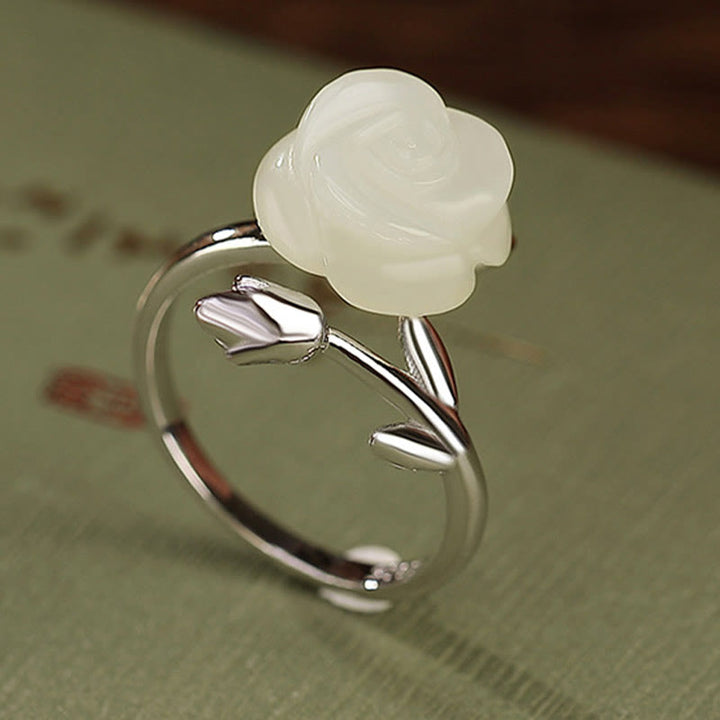 Buddha Stones 925 Argent Sterling Plaqué Or Fleur de Rose Hetian Jade Blanc Bague du Bonheur