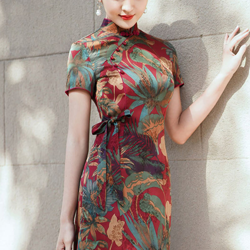 Robe Qipao en soie avec Buddha Stones, motif rétro de feuilles de fleurs, robe cheongsam pour femme
