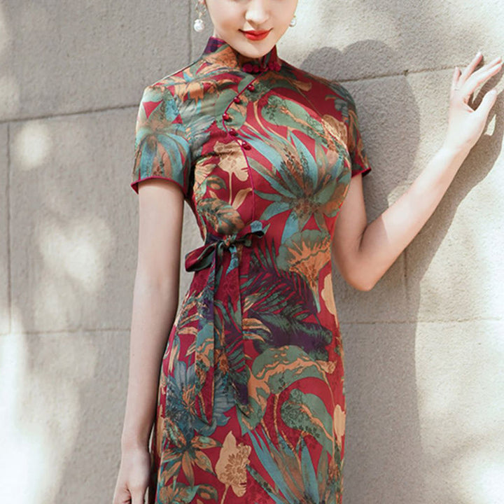 Robe Qipao en soie avec Buddha Stones, motif rétro de feuilles de fleurs, robe cheongsam pour femme