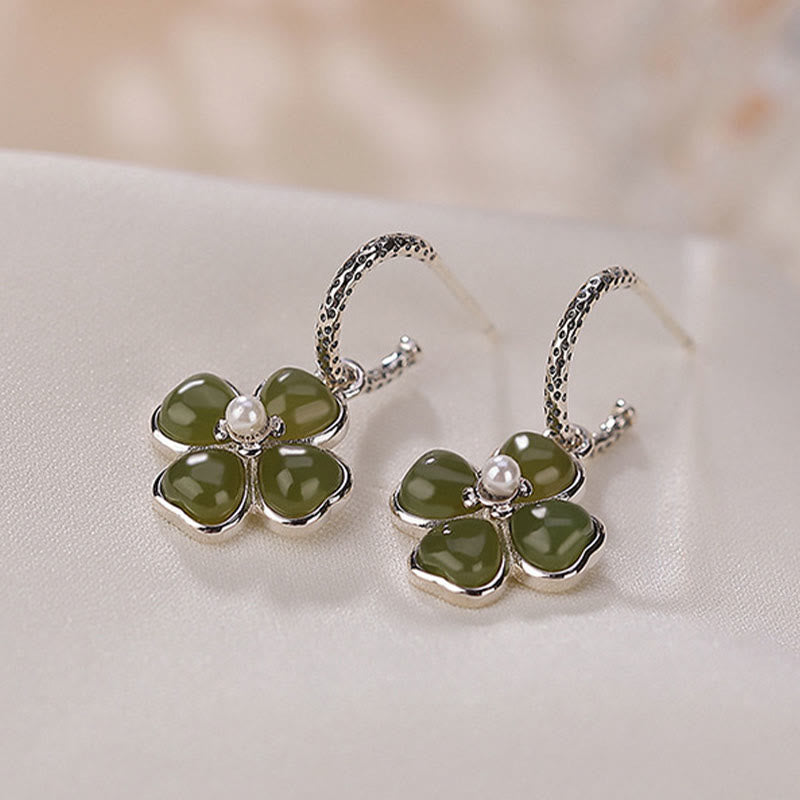 Boucles d'oreilles trèfle à quatre feuilles en argent sterling 925 et jade cyan naturel avec pierres de Buddha Stones