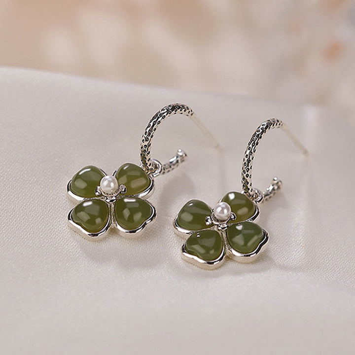 Boucles d'oreilles trèfle à quatre feuilles en argent sterling 925 et jade cyan naturel avec pierres de Buddha Stones