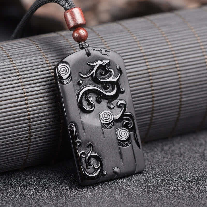 Collier avec pendentif dragon et phénix en obsidienne noire - Obsidienne noire (Purification ♥ Transformation) - image 1