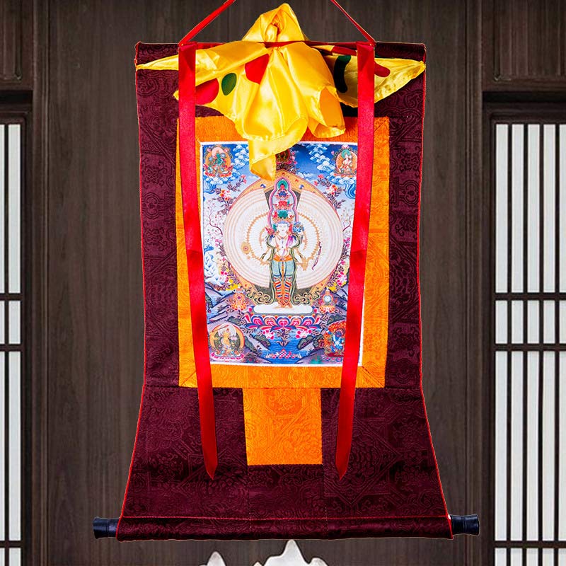 Décoration de bénédiction en forme de Thangka encadrée en Buddha Stones tibétaines à mille mains Avalokitesvara - image 8