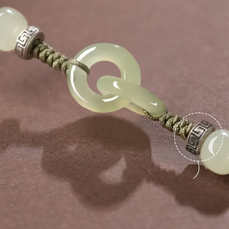 Bracelet tressé avec boucle de paix et porte-bonheur en jade naturel Hetian de Buddha Stones