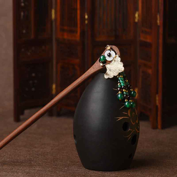 Épingle à cheveux de protection en feuille de ginkgo en agate verte et bois de santal rouge