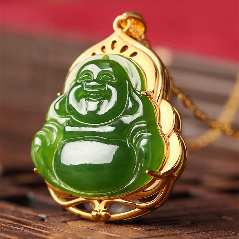 Collier pendentif en argent sterling 925 avec jade cyan naturel Hetian Bouddha rieur en or 18 carats - image 7