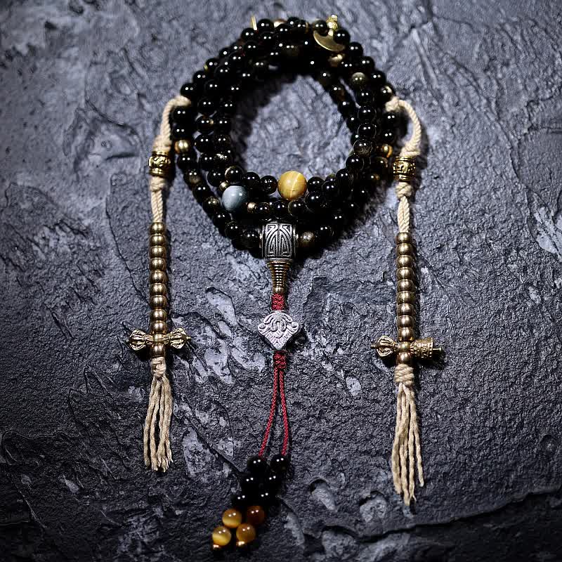 Bracelet de richesse en pierre d'oeil de tigre et d'aigle avec 108 Buddha Stones de Mala en obsidienne dorée brillante