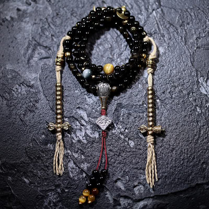 Bracelet de richesse en pierre d'oeil de tigre et d'aigle avec 108 Buddha Stones de Mala en obsidienne dorée brillante