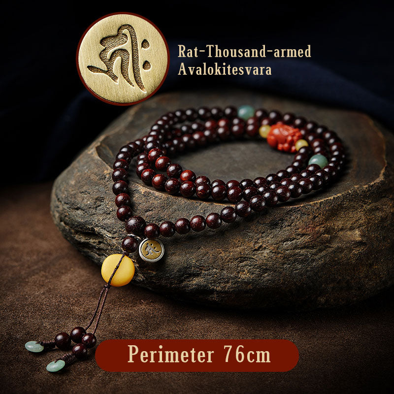 Buddha Stones Zodiaque chinois Bouddha natal 108 perles Mala Petite feuille Bois de santal rouge Agate rouge Bracelet de protection PiXiu