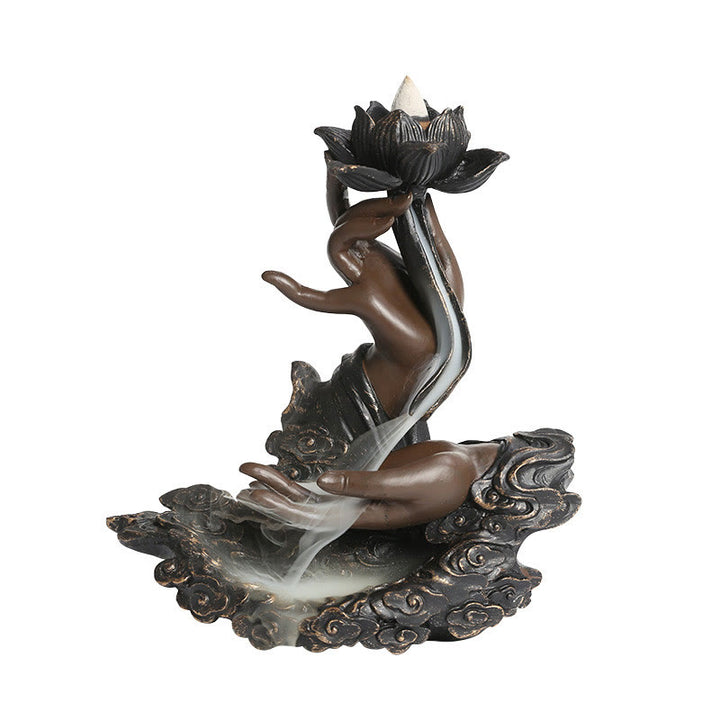 Brûleur d'encens à reflux en résine avec Buddha Stones et main de Bouddha, motif de nuages propices, méditation