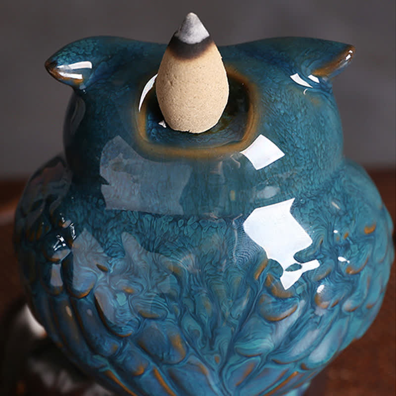 Buddha Stones Mignon Hibou Céramique Fontaine à Fumée à Refoulement Méditation Guérison Brûleur D'encens Décoration