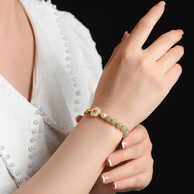 Bracelet porte-bonheur en argent sterling 925 avec jade naturel Hetian et fleur de pêcher