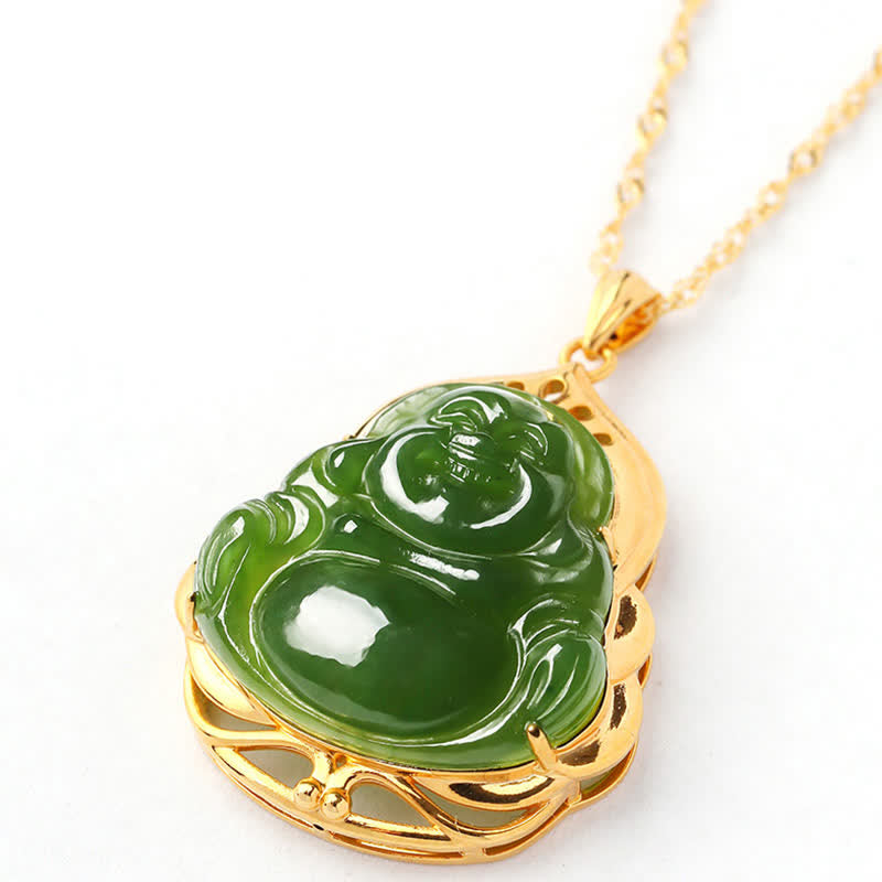 Collier pendentif en argent sterling 925 avec jade cyan naturel Hetian Bouddha rieur en or 18 carats - image 12