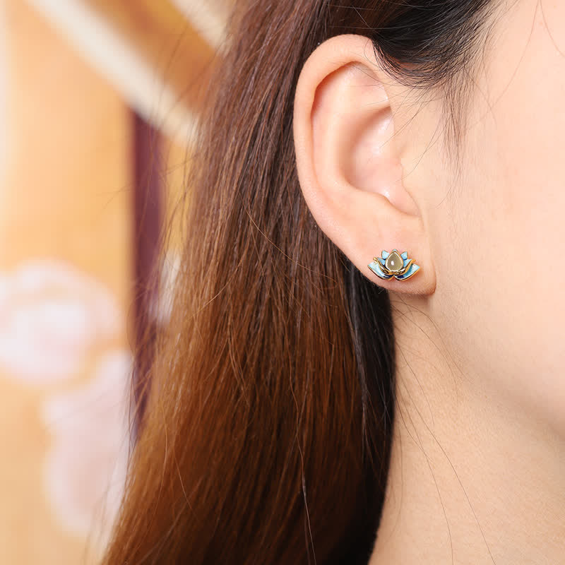 Boucles d'oreilles en argent sterling 925 avec fleur de lotus en jade cyan Hetian