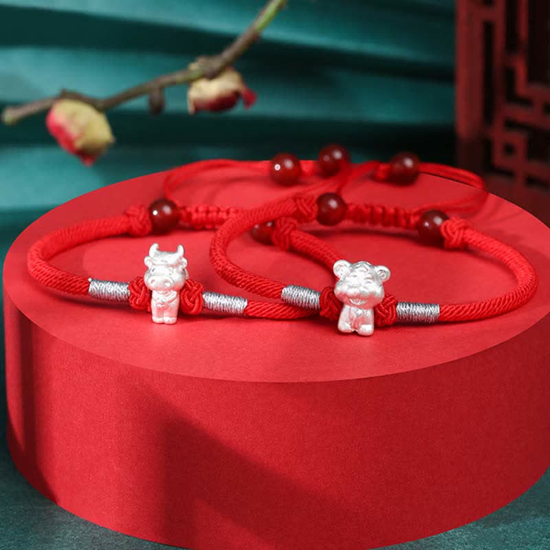 Bracelet en argent sterling 999 avec Buddha Stones et signe du zodiaque chinois, cordon rouge, force et chance