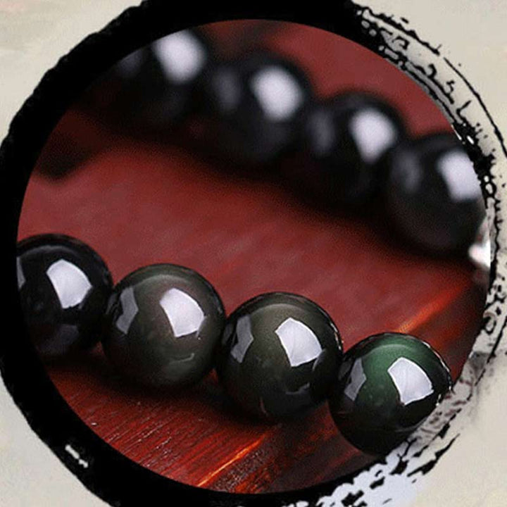 Bracelet Mala porte-bonheur en obsidienne noire et œil de tigre avec 108 perles du zodiaque chinois