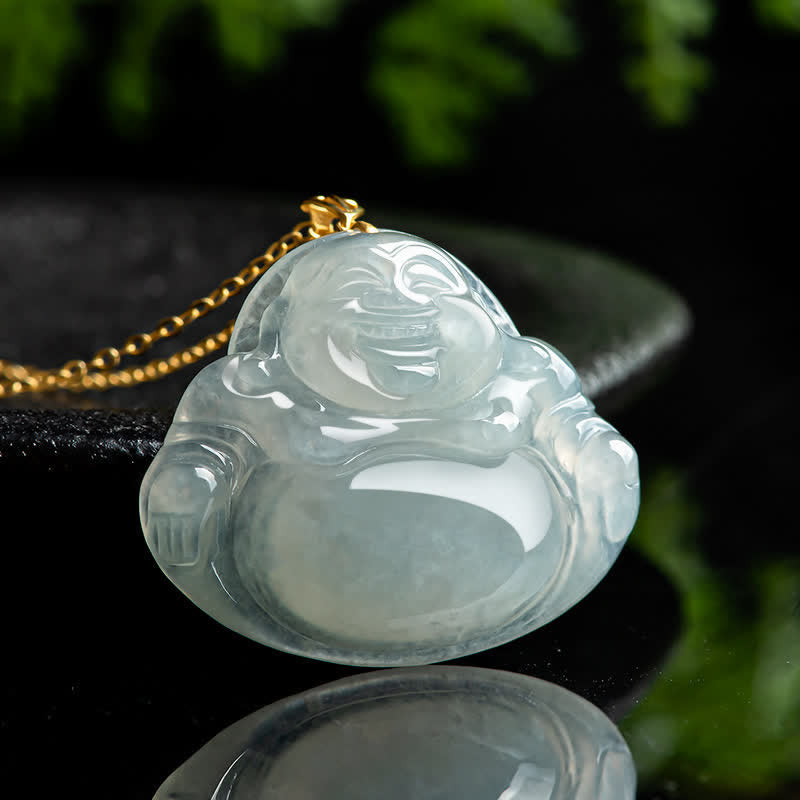 Collier pendentif Bouddha rieur en jade naturel et or 18 carats - image 2