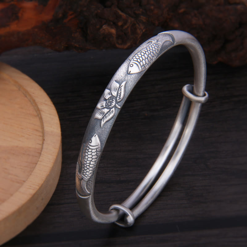 Bracelet jonc porte-bonheur en argent sterling 999 Buddha Stones et poisson koï et lotus