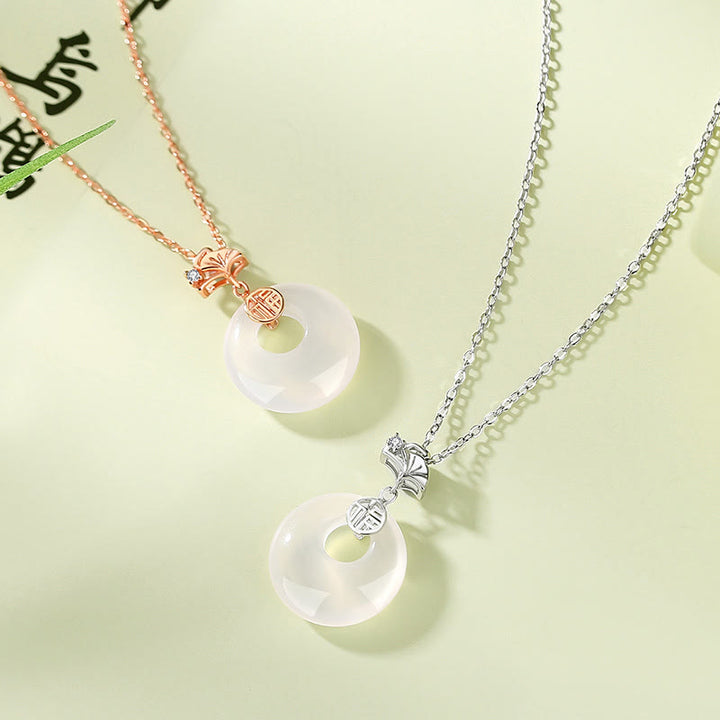 Buddha Stones en argent sterling 925 avec pendentif en forme de feuille de ginkgo, papillon, calcédoine rose, jade Hetian, boucle de paix, caractère Fu, harmonie