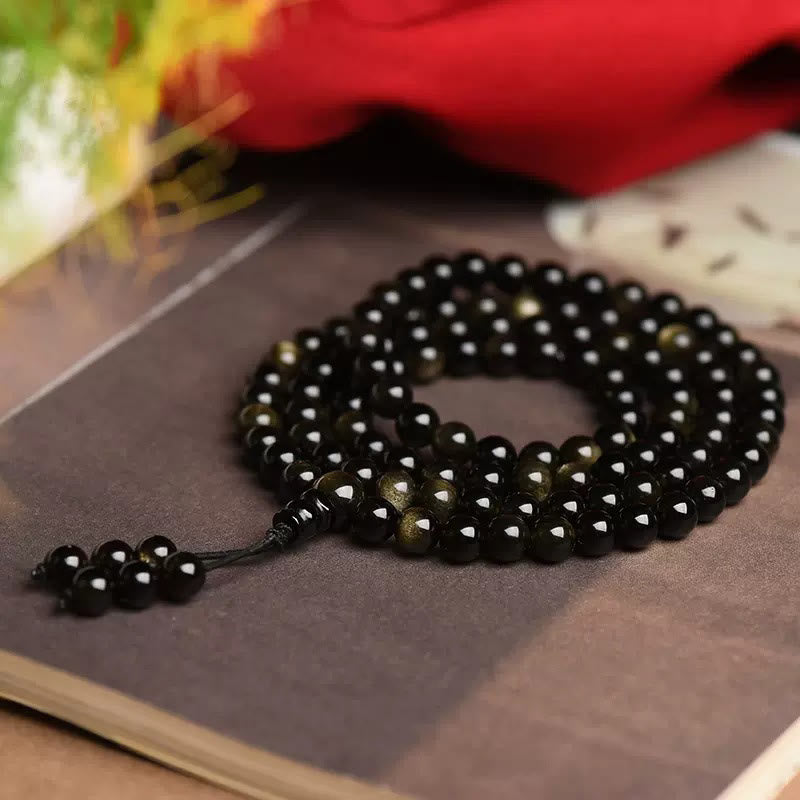 Bracelet de richesse en obsidienne naturelle dorée avec 108 perles de Mala Buddha Stones