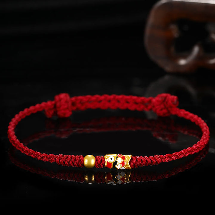 Bracelet tressé artisanal en or 999 avec poisson Koi et Buddha Stones
