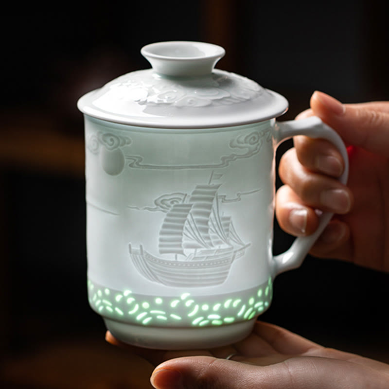 Buddha Stones Jingdezhen Linglong Porcelaine Auspicieux Dragon Phoenix Bateau Voile Douce Tasse à Thé en Céramique Tasses à Thé de Bureau 420 ml