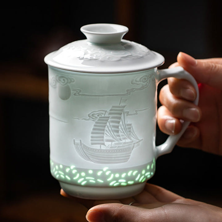 Buddha Stones Jingdezhen Linglong Porcelaine Auspicieux Dragon Phoenix Bateau Voile Douce Tasse à Thé en Céramique Tasses à Thé de Bureau 420 ml