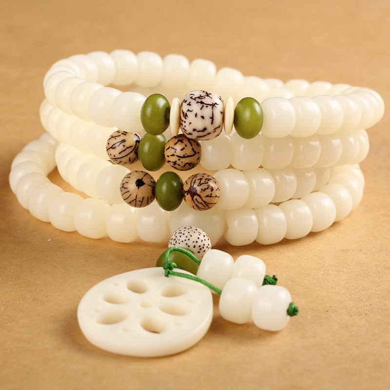 Bracelet porte-bonheur en 108 perles de Bodhi Seed Mala blanc Buddha Stones
